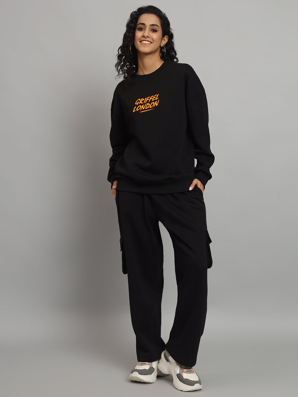 Griffel Women Oversized WHO ARE YOU TO JUDGE Print Fit Basic Round Neck 100% Cotton Fleece Black Tracksuit - griffel