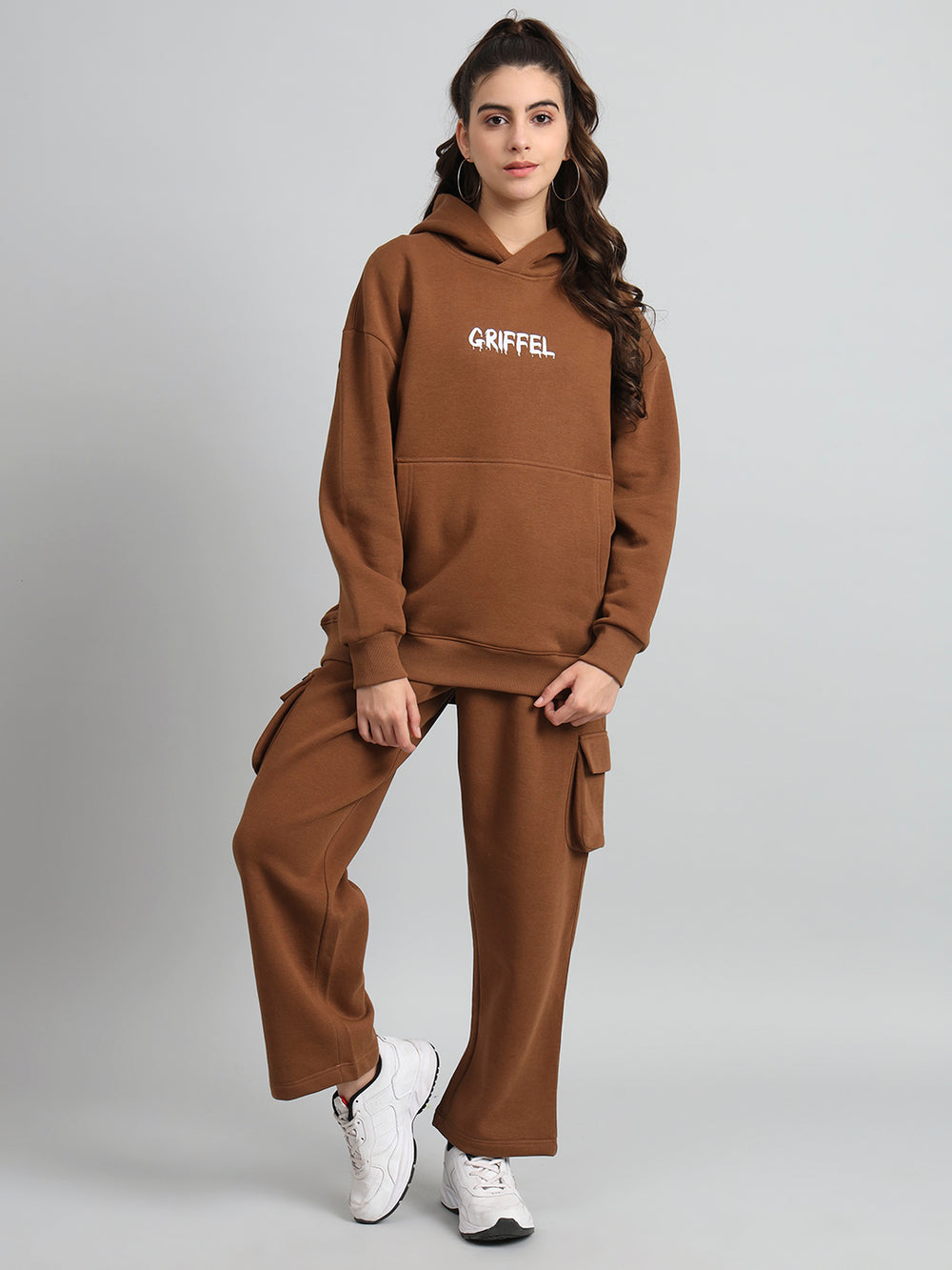 Griffel Women Oversized Fit Bear Family Print Front Logo 100% Cotton Brown Fleece Hoodie and trackpant - griffel