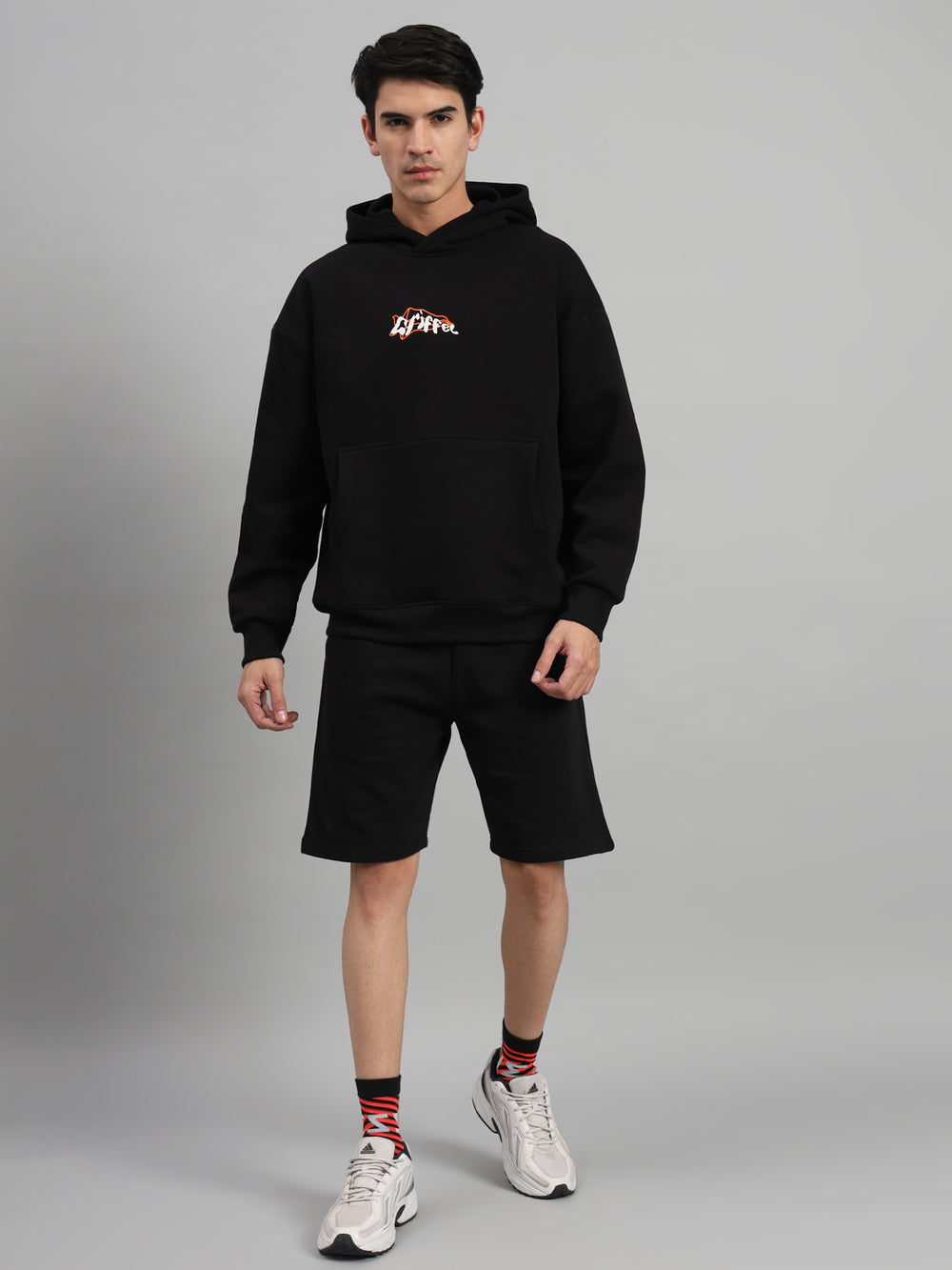 Griffel Men Oversized ONE HUNDRED % LOYAL Back Print 100% Cotton Black Fleece Hoodie and Shorts - griffel