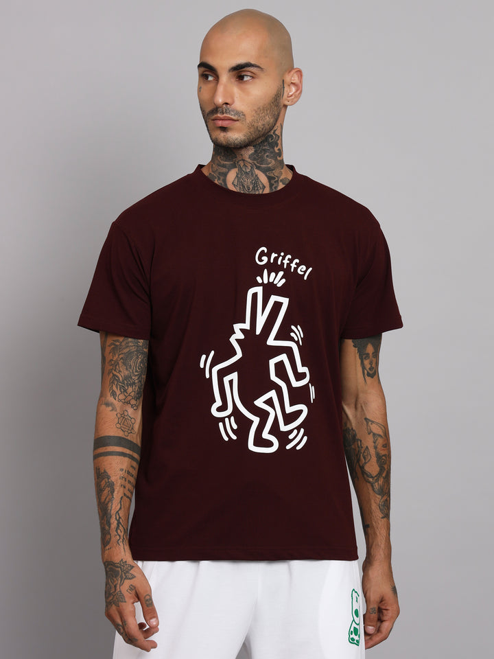 GRIFFEL Men Printed Maroon Regular fit Cotton T-shirt - griffel