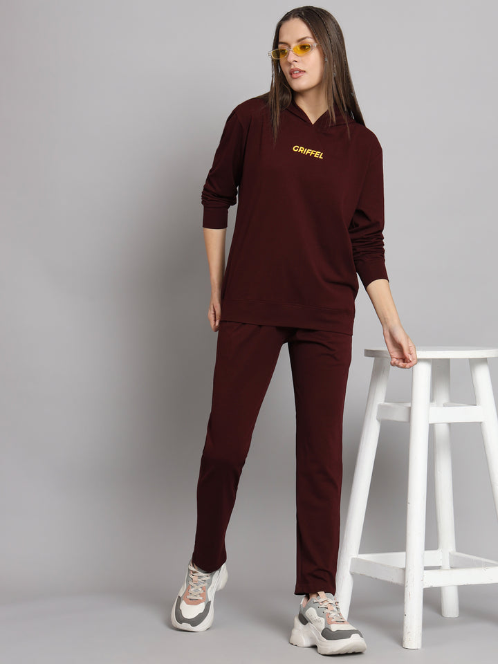 Griffel Women Solid Cotton Matty Basic Hoodie and Joggers Full set Maroon Tracksuit