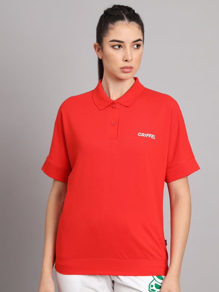 GRIFFEL Women Basic Solid Red Polo T-shirt - griffel