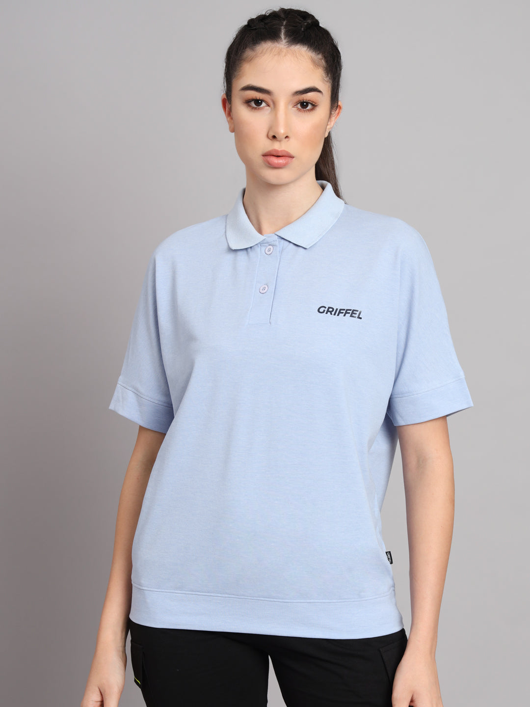 GRIFFEL Women Basic Solid Sky Polo T-shirt - griffel