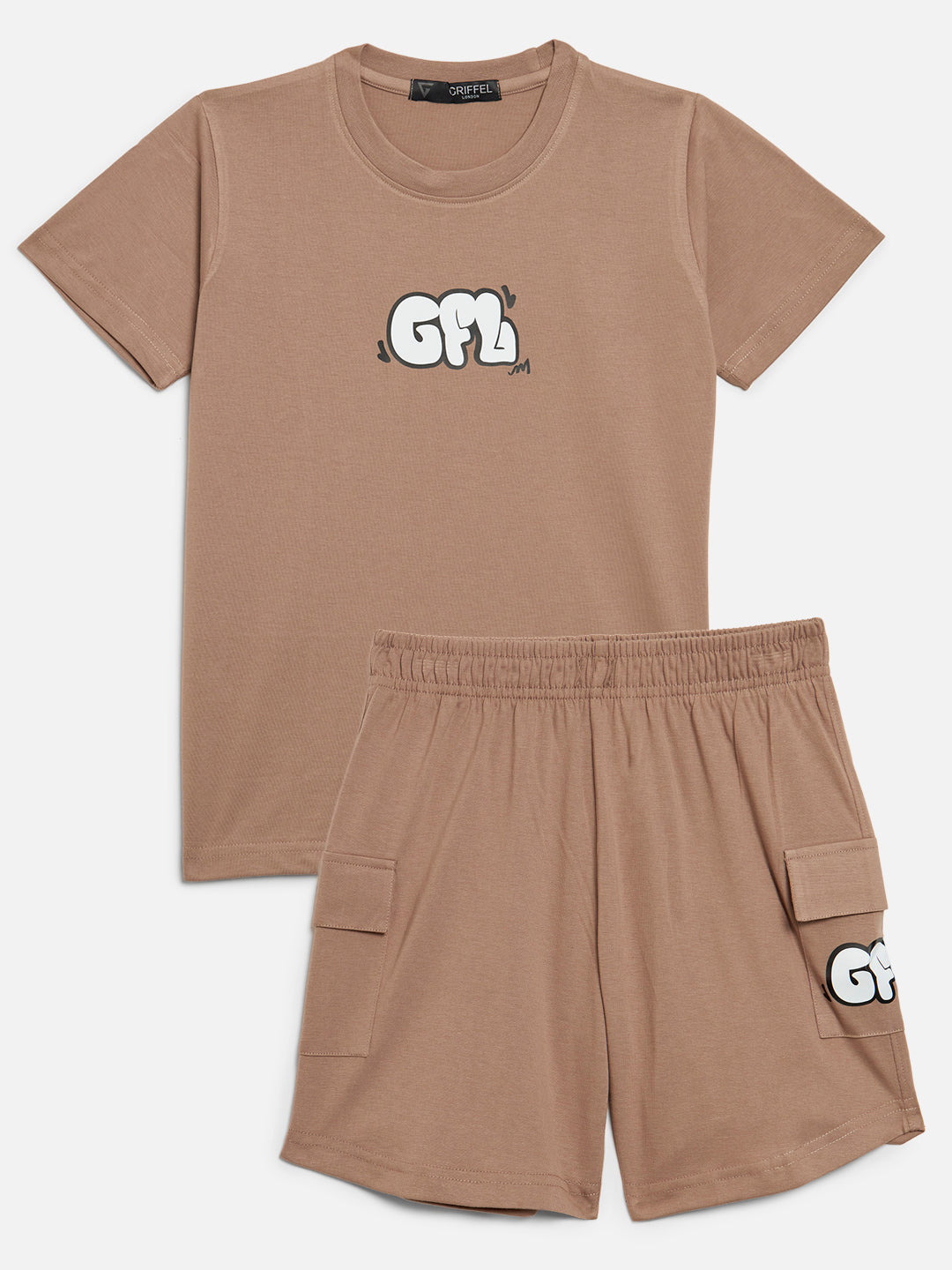 GRIFFEL Girls Kids Brown WRLDWIDE Co-Ord T-shirt and Short Set - griffel