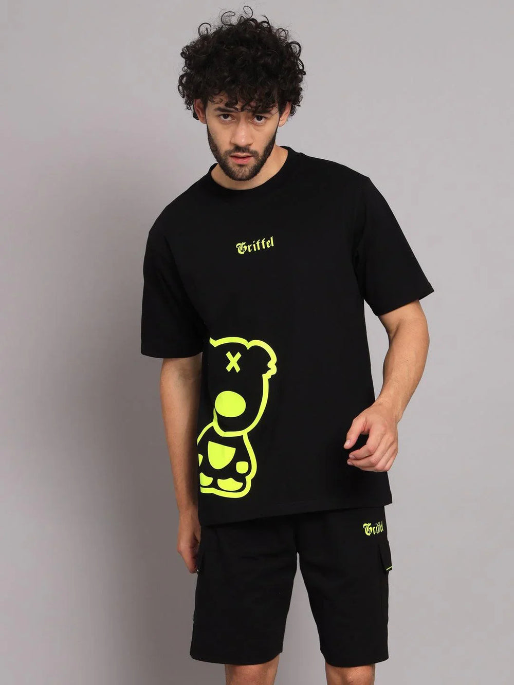 GRIFFEL Men Printed Black Green Loose fit T-shirt and Shorts Set - griffel