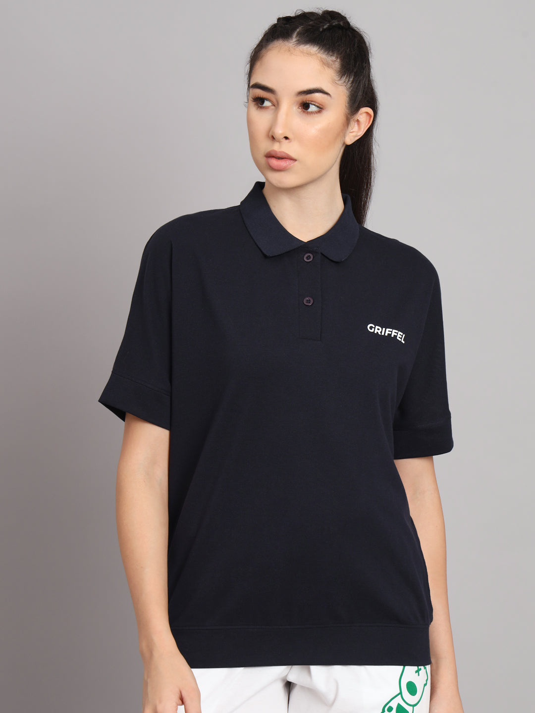 GRIFFEL Women Basic Solid Navy Polo T-shirt - griffel