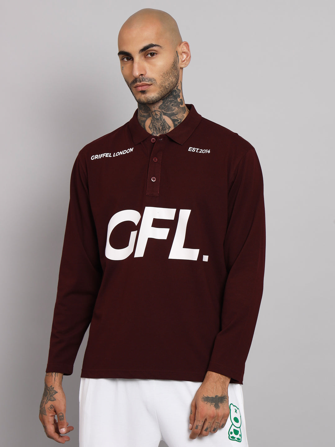 GRIFFEL Men's Maroon GFL Printed Cotton Full Sleeve Polo T-shirt - griffel