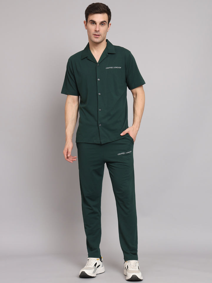 Griffel Men's Pre Winter Front Logo Solid Cotton Basic Green Bowling Shirt and Joggers Full Co-Ord Set - griffel