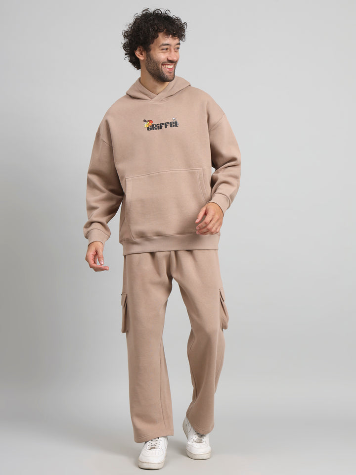 Griffel Men Oversized Fit Flower Print Front Logo 100% Cotton Camel Fleece Hoodie and trackpant