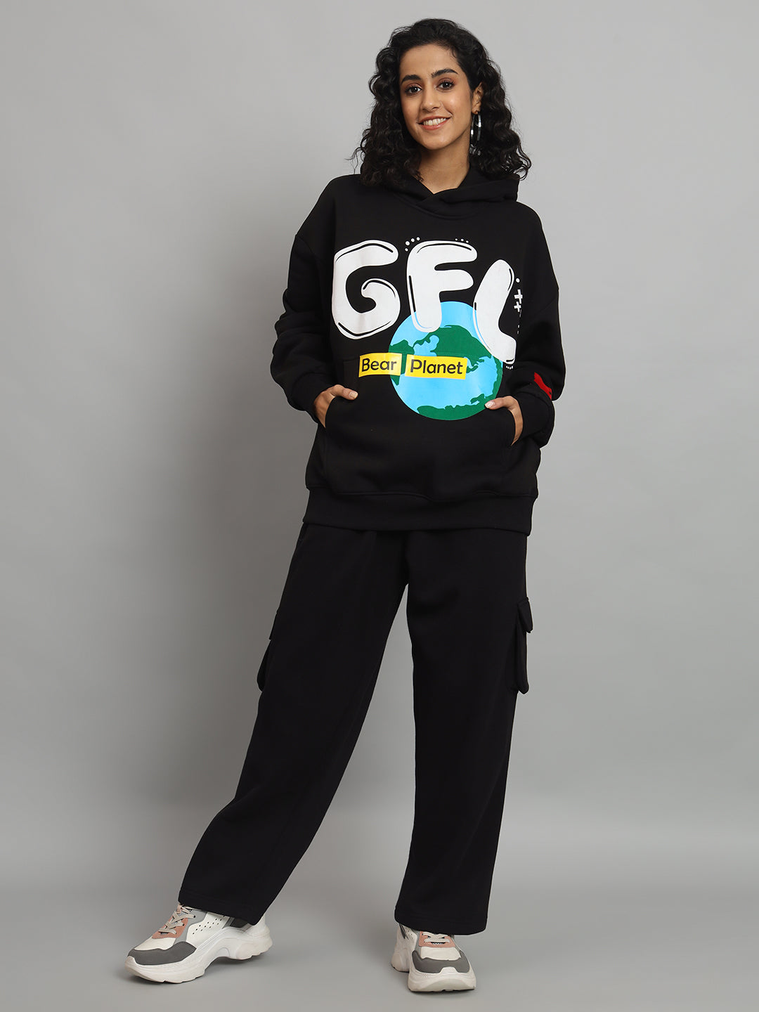 Griffel Women Oversized Fit EARTH Print 100% Cotton Black Fleece Hoodie and trackpant - griffel
