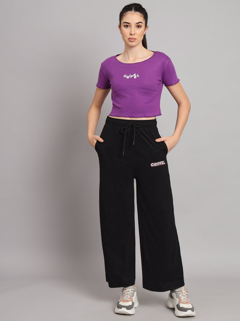 GRIFFEL Women Printed Slim fit Purple T-shirt and Palazo Pant Set - griffel