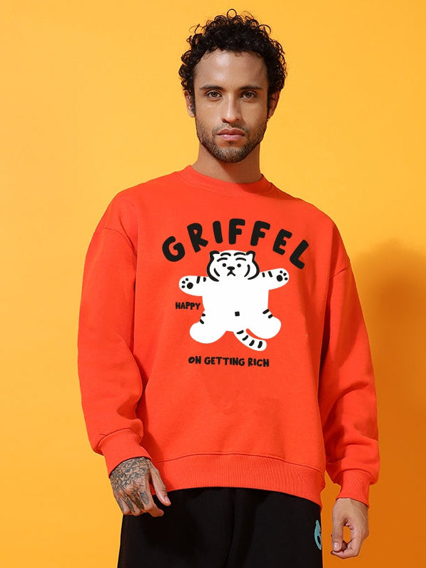 "Happy Tiger"Oversized Orange Cotton Fleece Round neck Sweatshirt