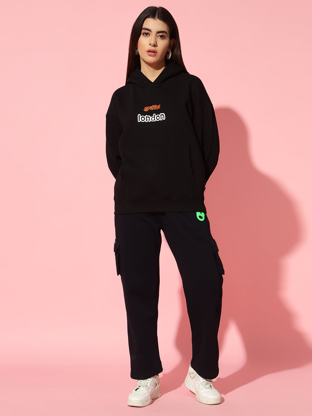 Flower London Black Oversized Hoodie Neck Tracksuit