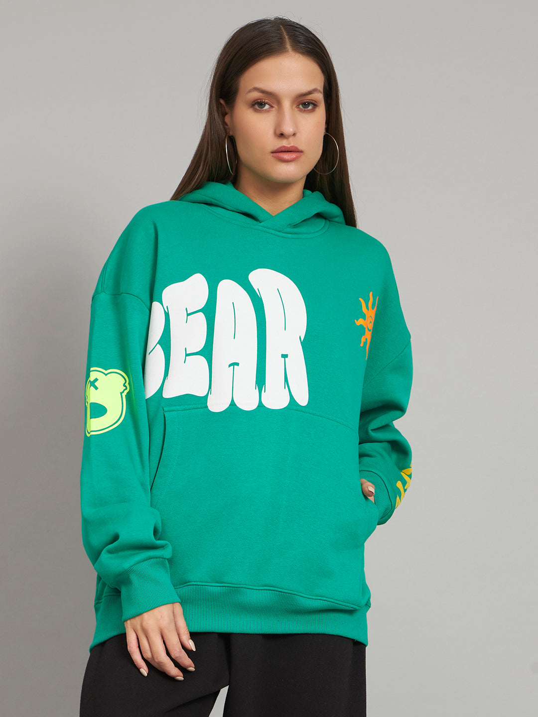 Griffel Women's Green BEAR print Oversized Fleece Hoodie Sweatshirt - griffel