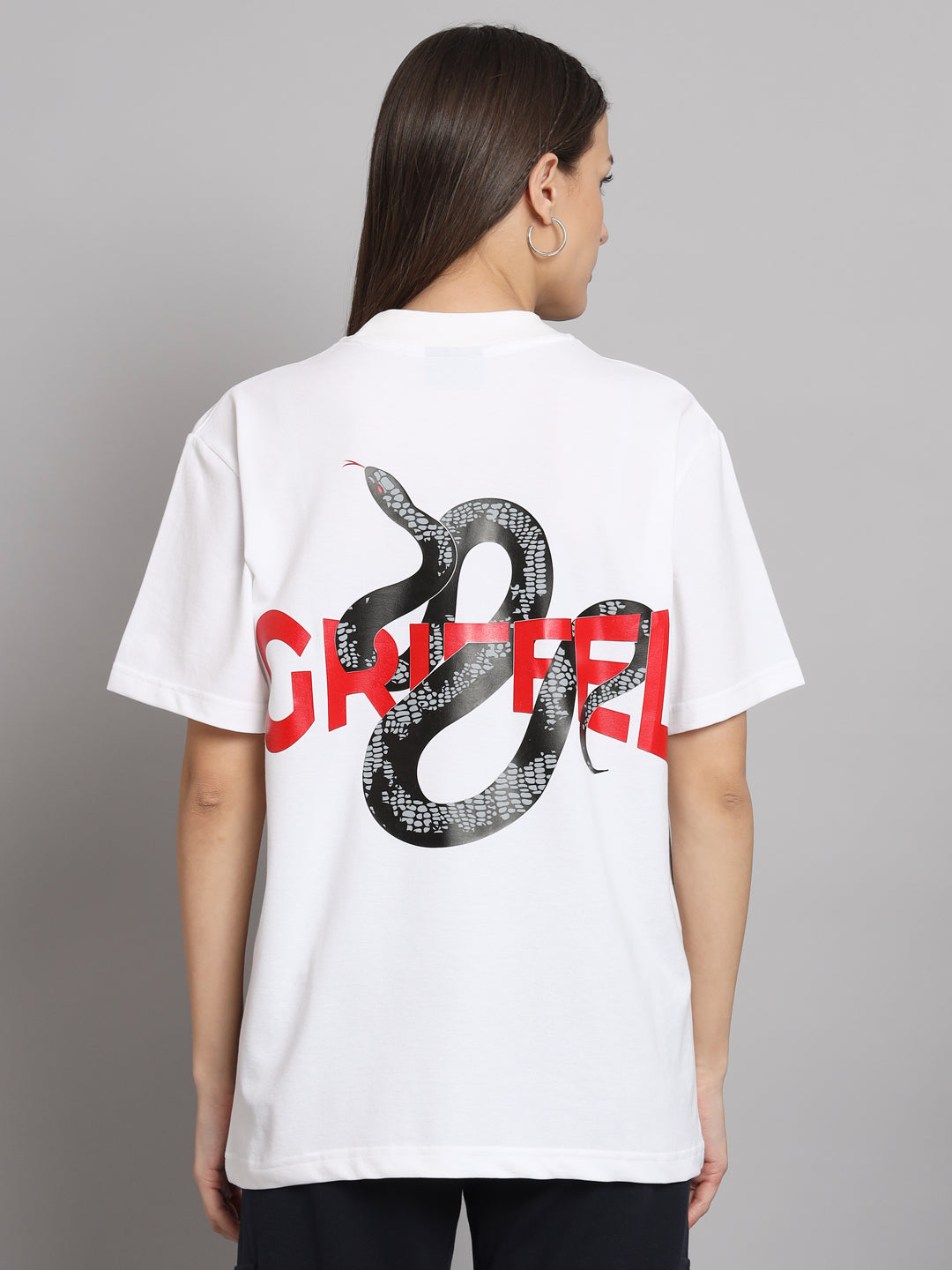 GRIFFEL Women REFLECTIVE SNAKE Printed Loose fit White T-shirt - griffel