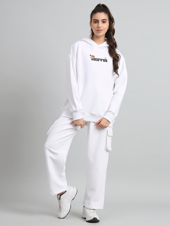 Griffel Women Oversized Fit Flower Print Front Logo 100% Cotton White Fleece Hoodie and trackpant