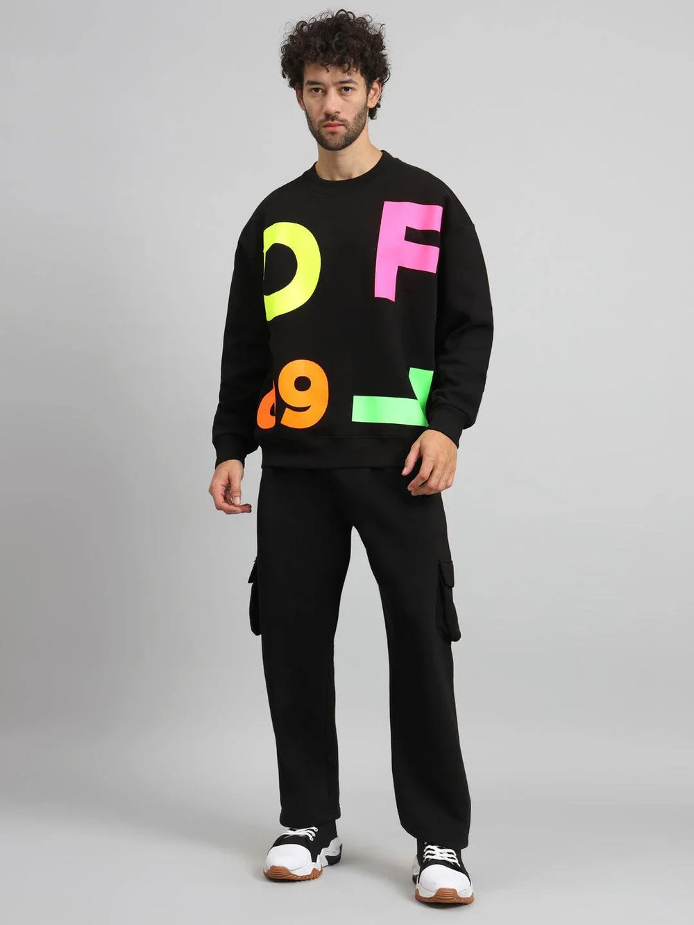 Griffel Men Oversized Fit GFL09 Neon Print Round Neck 100% Cotton Fleece Black Tracksuit - griffel
