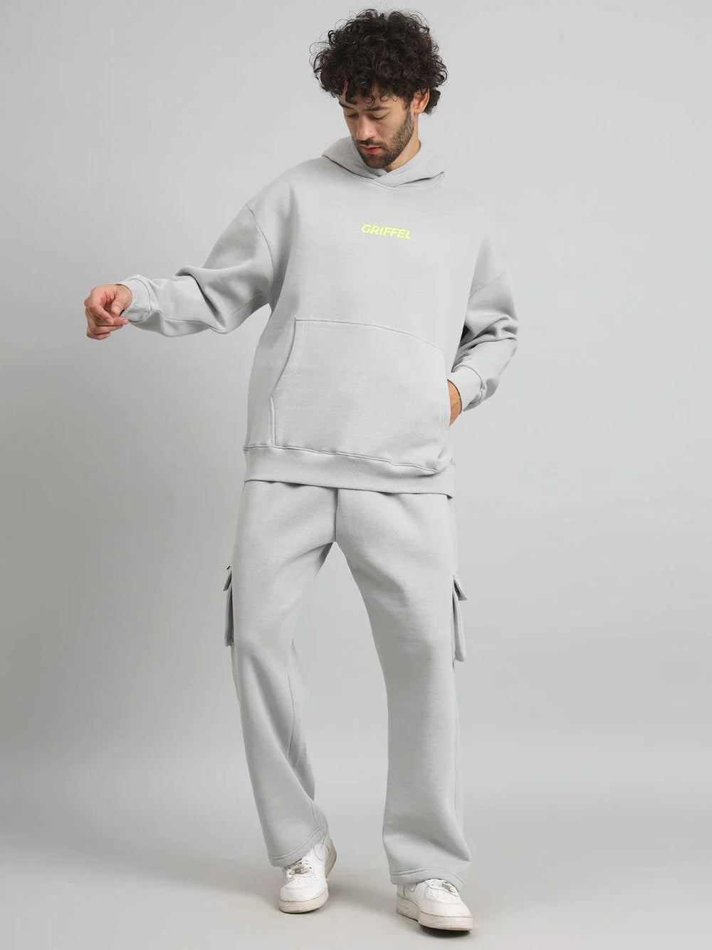 Griffel Men Oversized Fit Front Logo 100% Cotton Steel Grey Fleece Hoodie and trackpant - griffel
