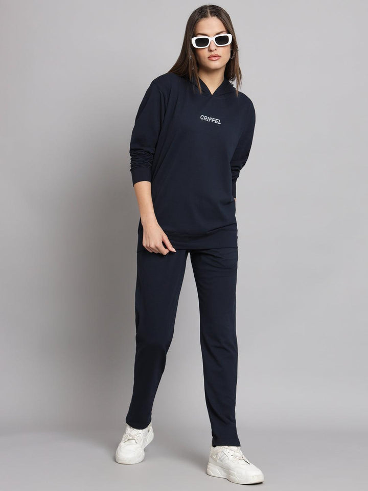 Griffel Women Solid Cotton Matty Basic Hoodie and Joggers Full set Navy Tracksuit - griffel