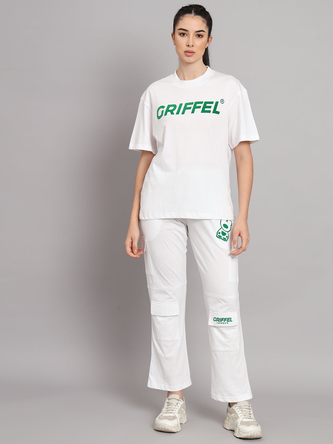 GRIFFEL Women Printed Loose fit White T-shirt and Bell Bottom Trackpant Set - griffel