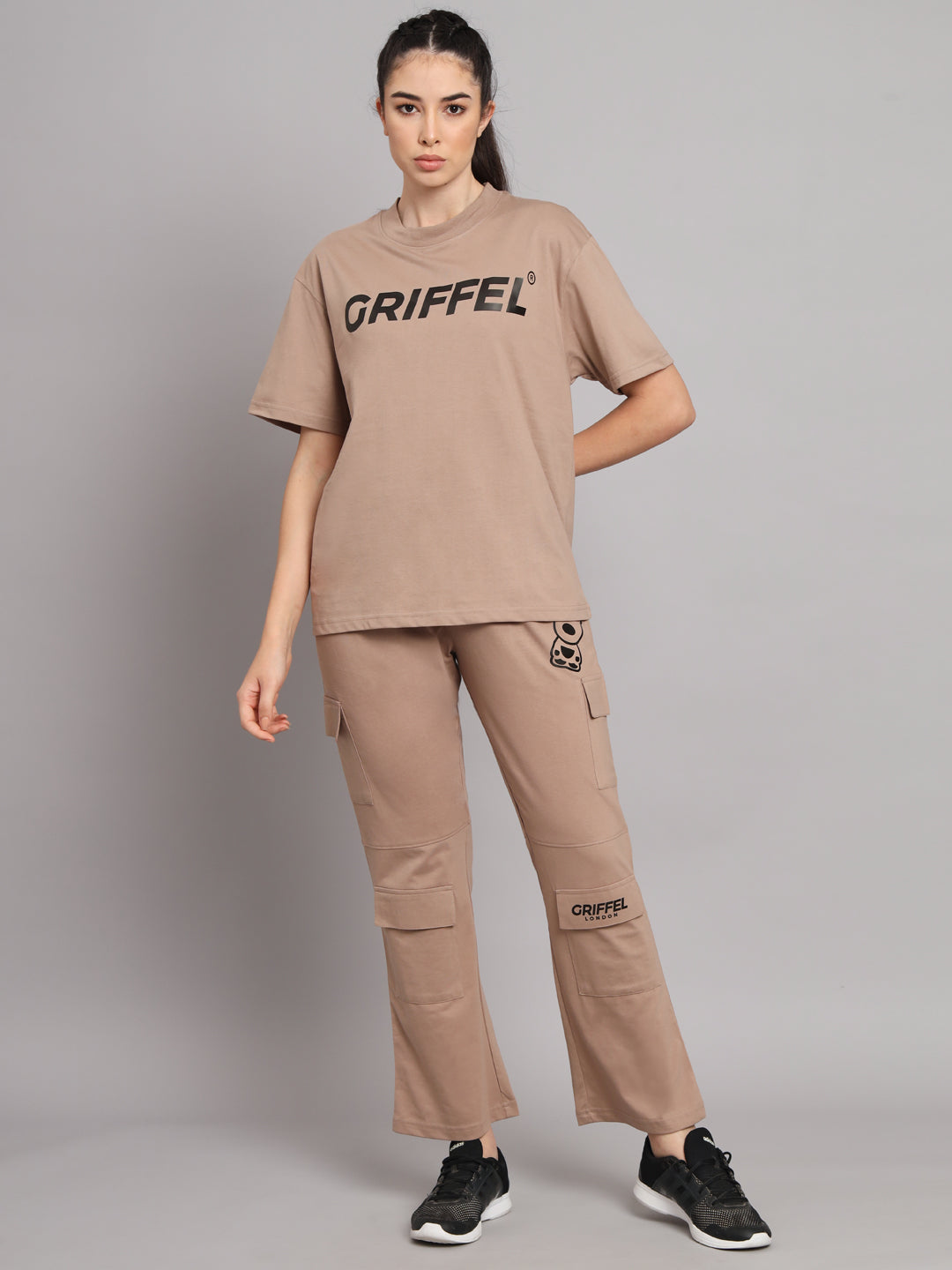 GRIFFEL Women Printed Loose fit Camel T-shirt and Bell Bottom Trackpant Set - griffel