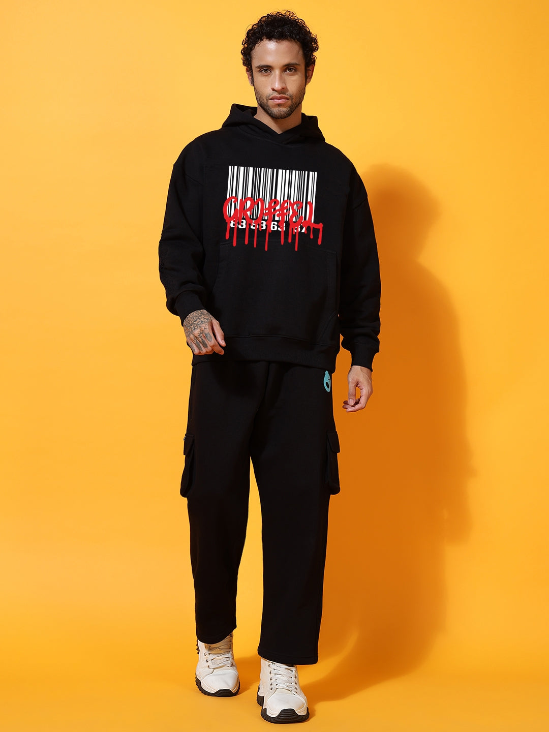 Barcode  black oversized Cotton Fleece Hoodie