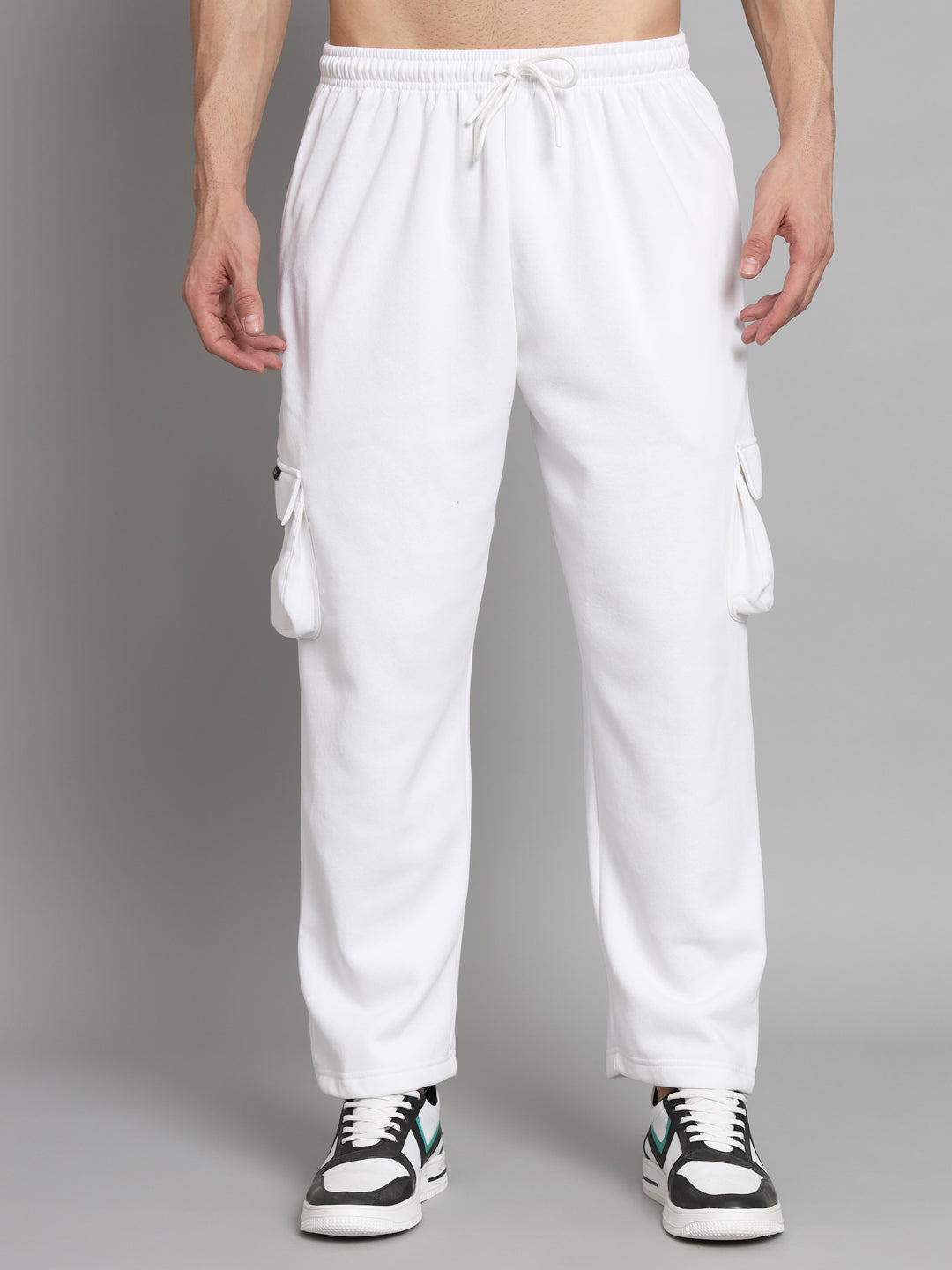 GRIFFEL Men Oversized Fit Fleece 5 Pocket Front Logo White Trackpants - griffel