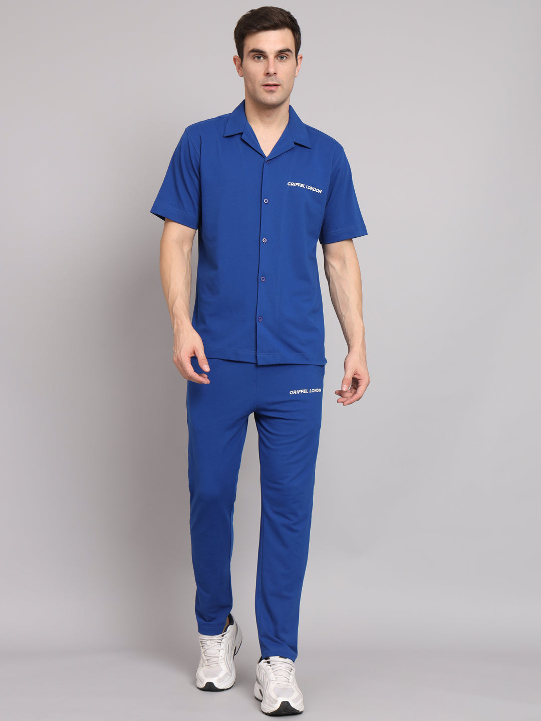 Griffel Men's Pre Winter Front Logo Solid Cotton Basic Royal Bowling Shirt and Joggers Full Co-Ord Set - griffel