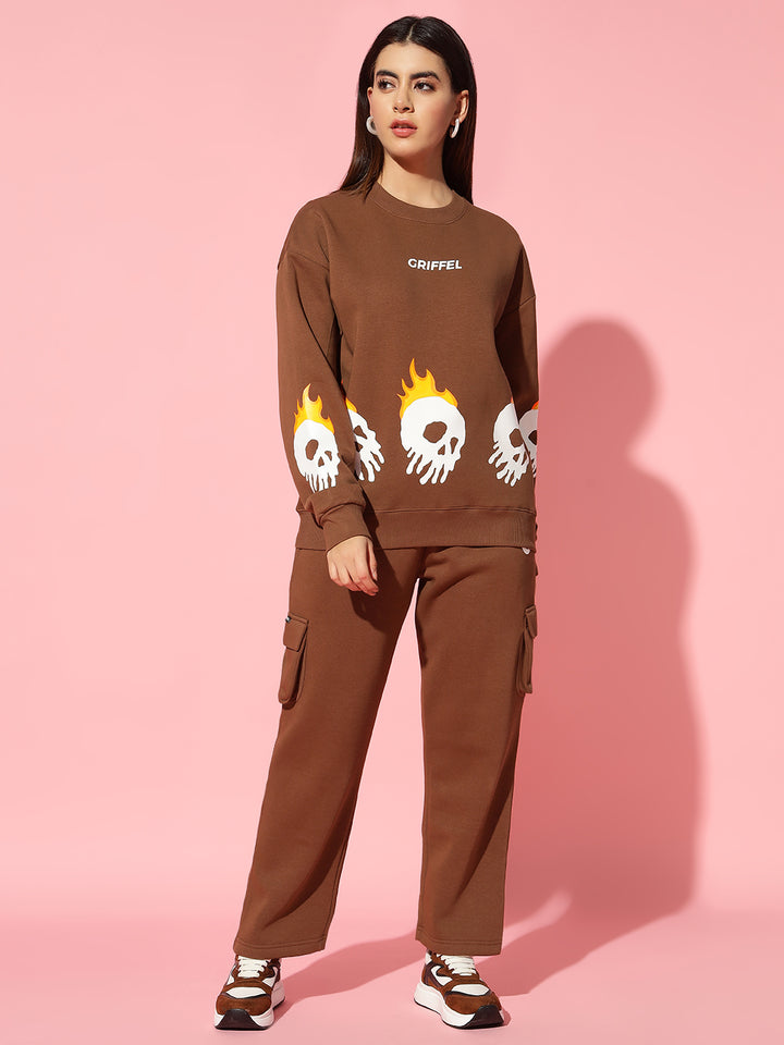 Fire skeleton Dark brown Oversized Round Neck Tracksuit