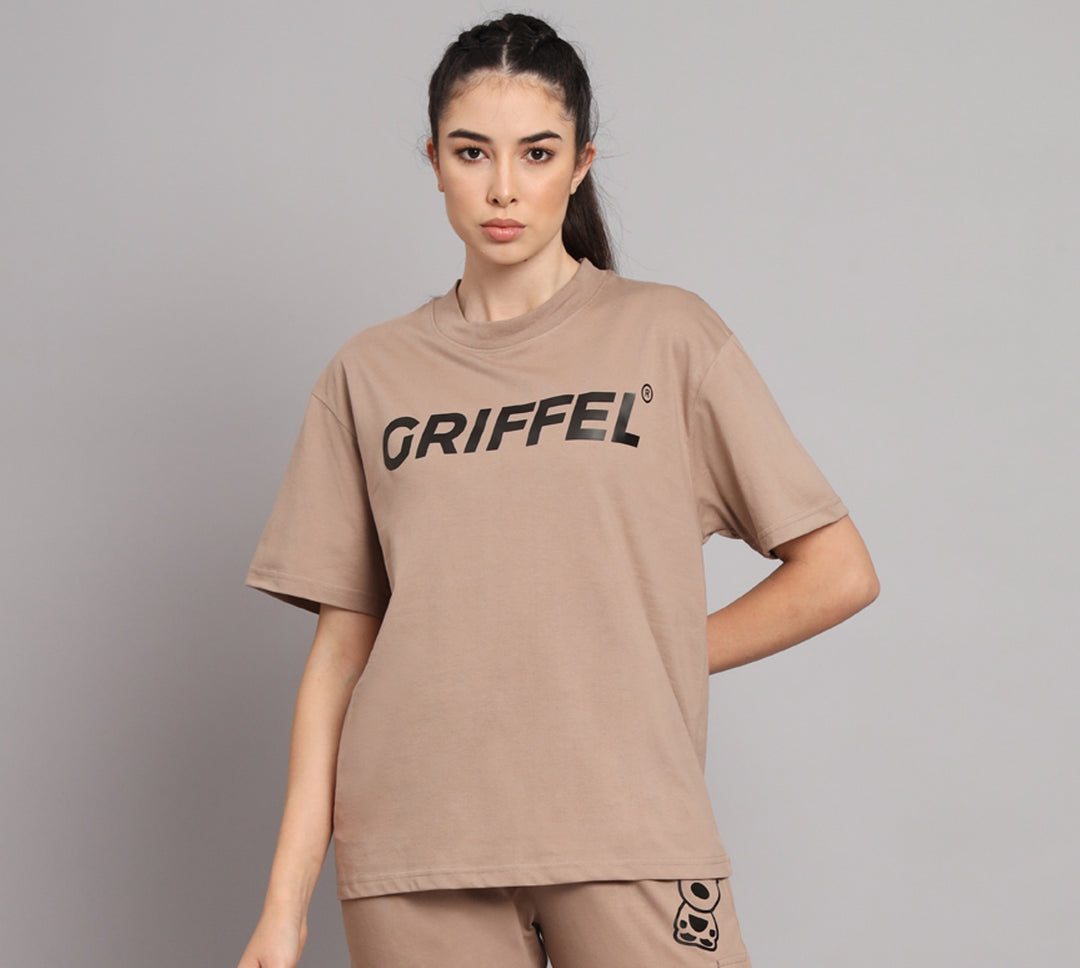 GRIFFEL Women Printed Loose fit Camel Brown T-shirt - griffel