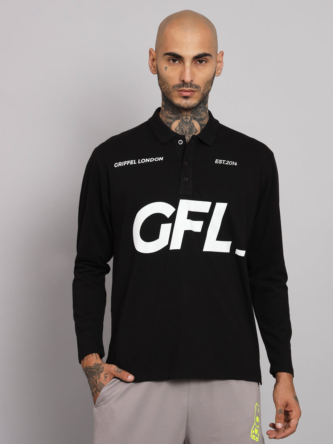 GRIFFEL Men's Black GFL Printed Cotton Full Sleeve Polo T-shirt - griffel