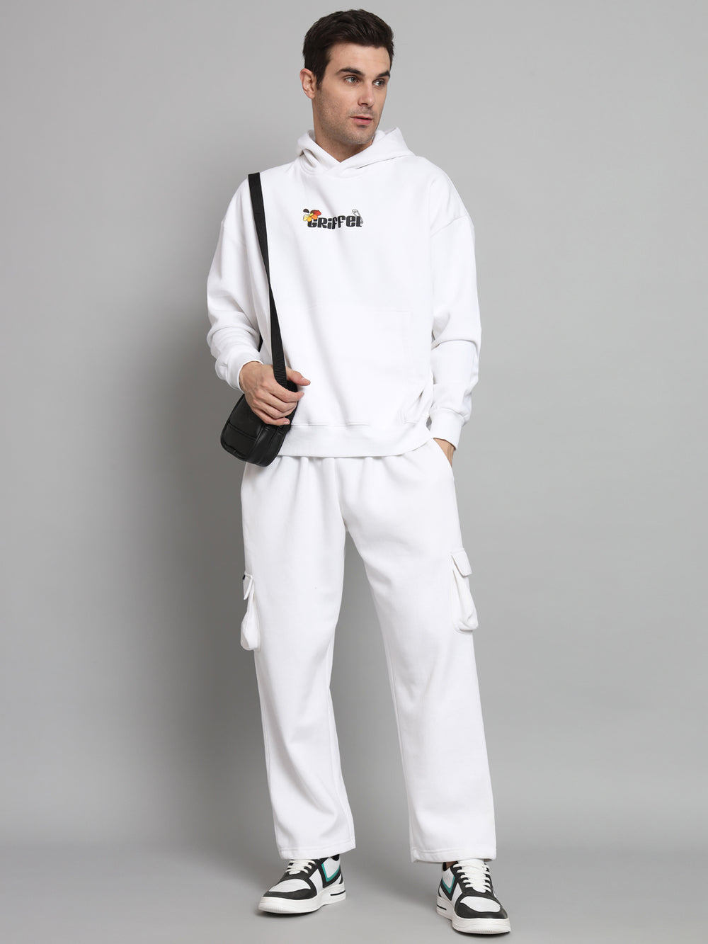 GRIFFEL Men Oversized Fit Fleece 5 Pocket Front Logo White Trackpants - griffel