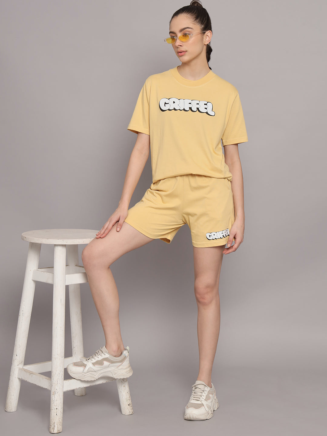 GRIFFEL Women Printed Loose fit Light Yellow T-shirt - griffel