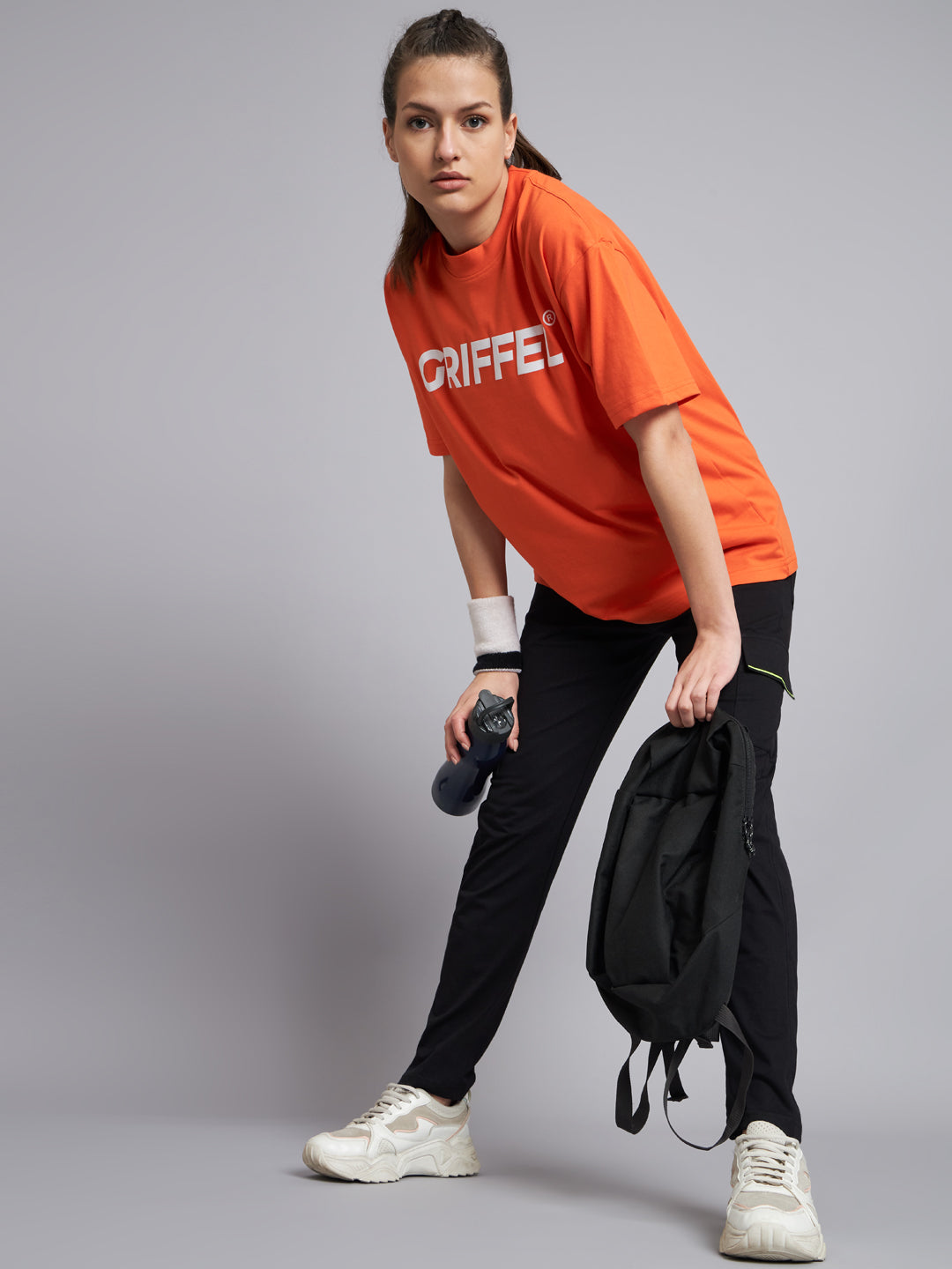 GRIFFEL Women Neon Orange Printed Oversized Loose fit T-shirt and Trackpant Set