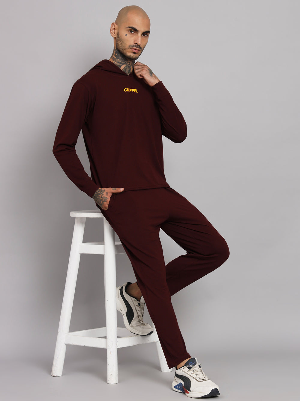 Griffel Men's Pre Winter Front Logo Solid Cotton Basic Hoodie and Joggers Full set Maroon Tracksuit - griffel