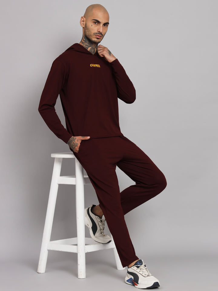 Griffel Men's Pre Winter Front Logo Solid Cotton Basic Hoodie and Joggers Full set Maroon Tracksuit