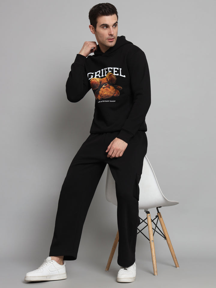 GRIFFEL Men Oversized Fit Fleece 5 Pocket Front Logo Black  Trackpants