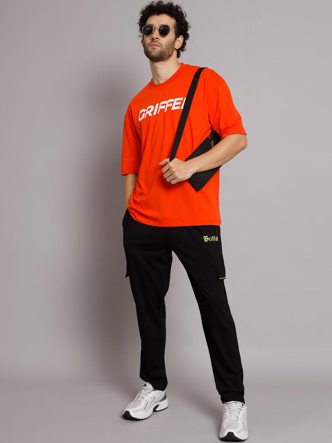 GRIFFEL Men Signature Logo Neon Orange Oversized Drop Shoulder T-shirt - griffel