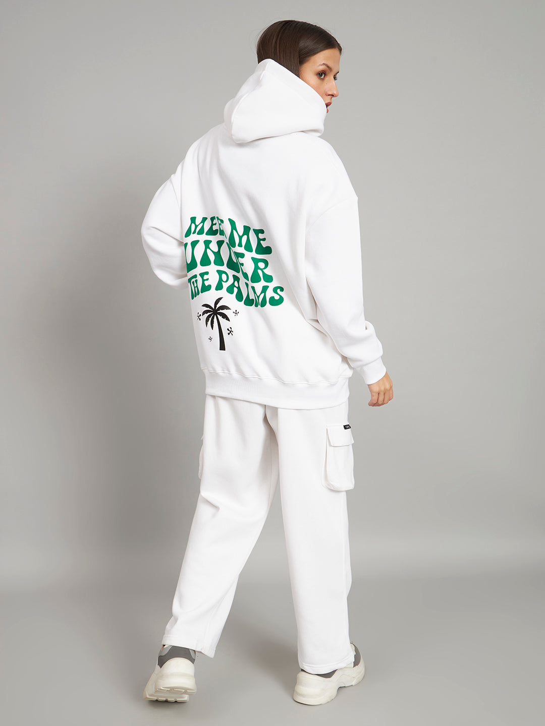 Griffel Women Oversized Fit MEET ME UNDER THE PALMS 100% Cotton White Fleece Hoodie and trackpant - griffel