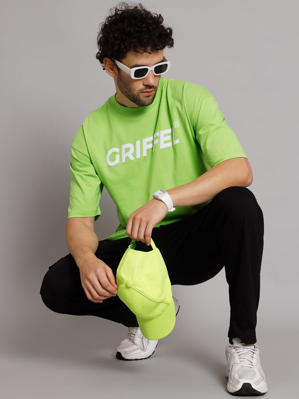 GRIFFEL Men Signature Logo Neon Parrot Oversized Drop Shoulder T-shirt - griffel