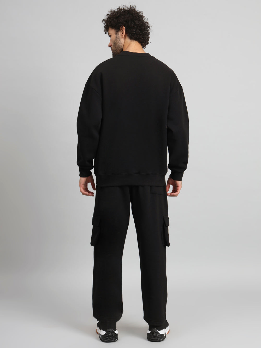 Griffel Men Oversized Fit GFL09 Neon Print Round Neck 100% Cotton Fleece Black Tracksuit - griffel