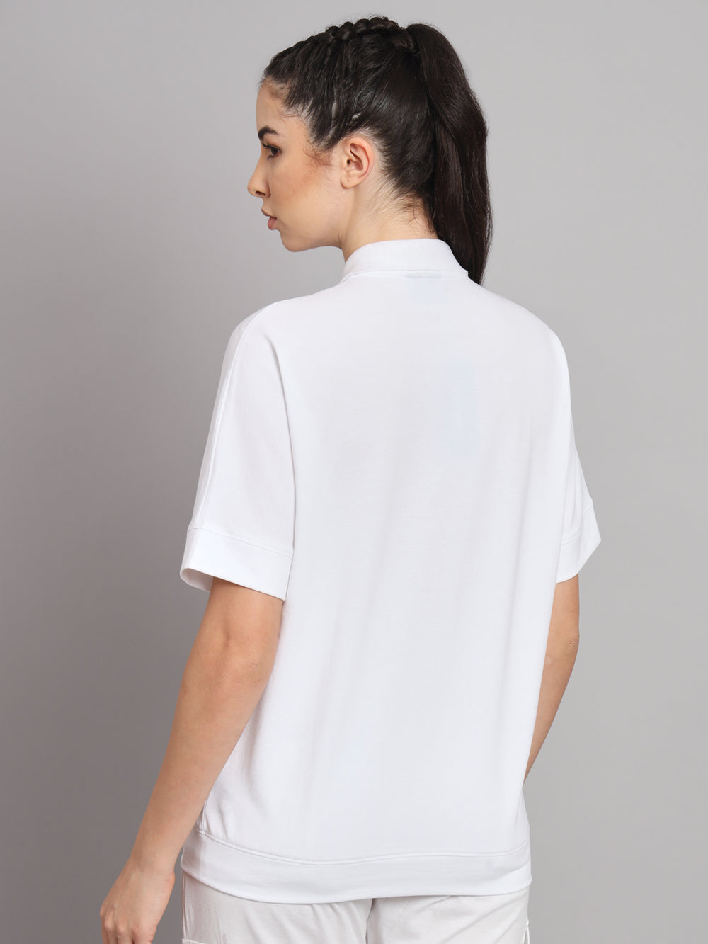 GRIFFEL Women Basic Solid White Printed Polo T-shirt - griffel