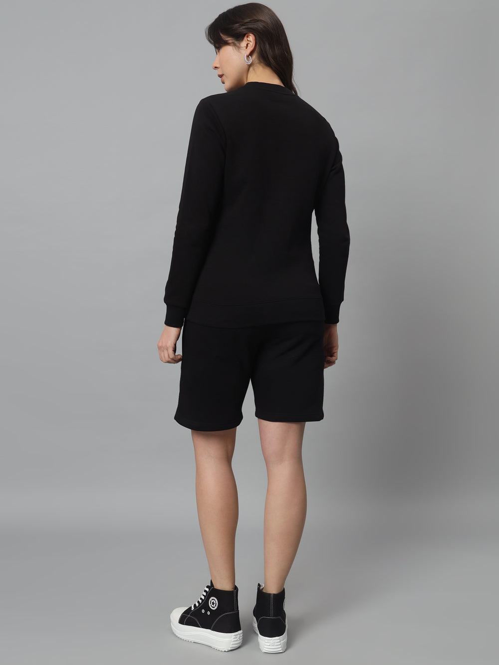 Griffel Women Oversized Black 100% Cotton Fleece Round Neck and Short Full set Tracksuit - griffel
