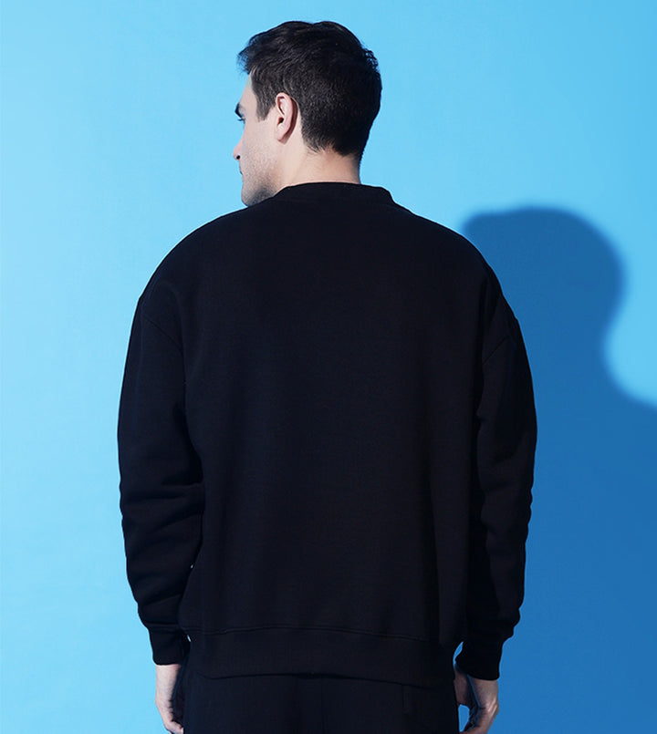 Wild energy Oversized Black Cotton Fleece round neck sweatshirt