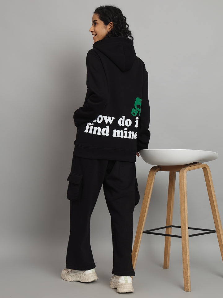 Griffel Women Oversized Fit HOW DO I Print 100% Cotton Black Fleece Hoodie and trackpant - griffel