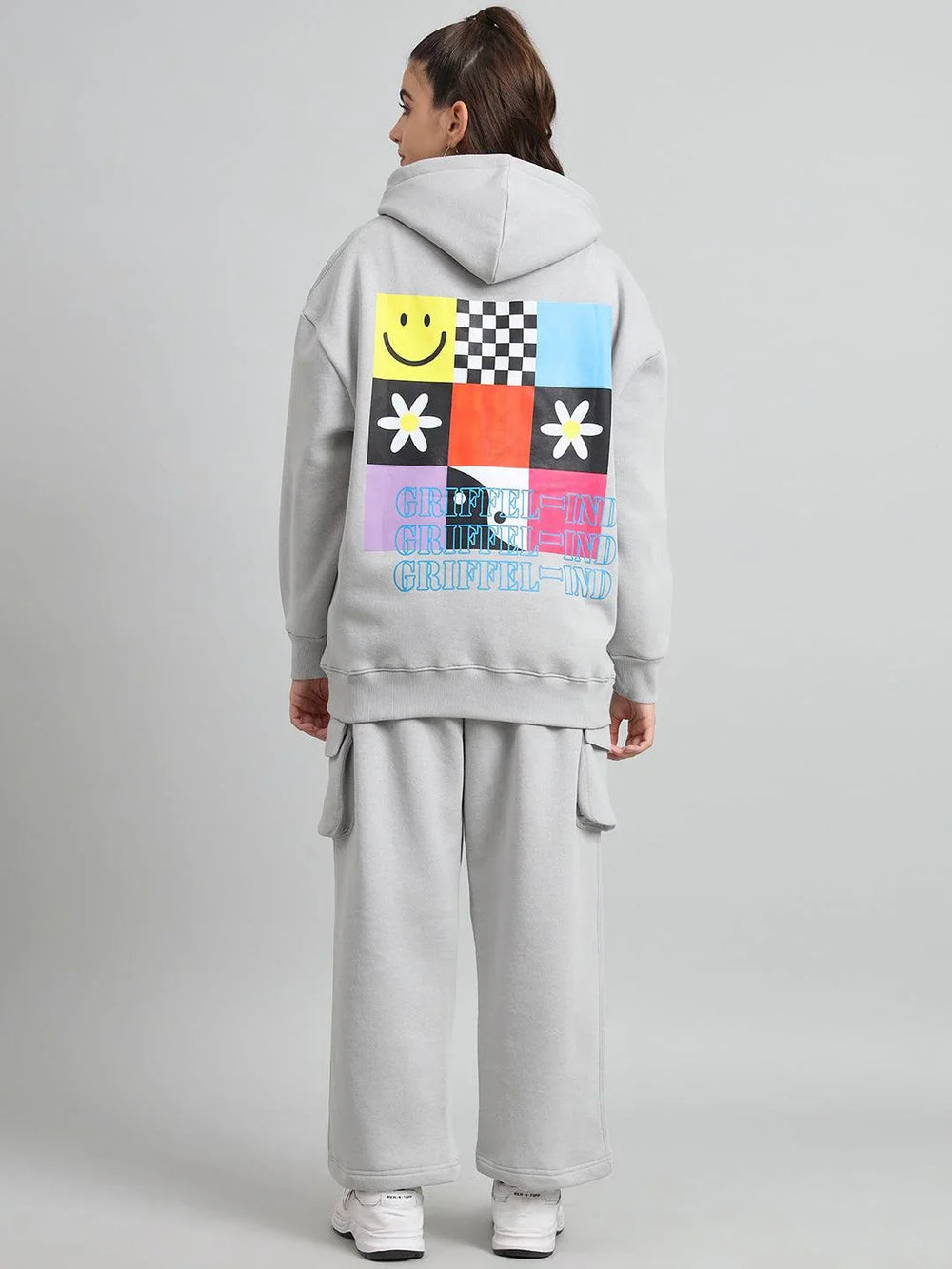 Griffel Women Oversized Fit Chill Vibe Print Front Logo 100% Cotton Steel Grey Fleece Hoodie and trackpant - griffel