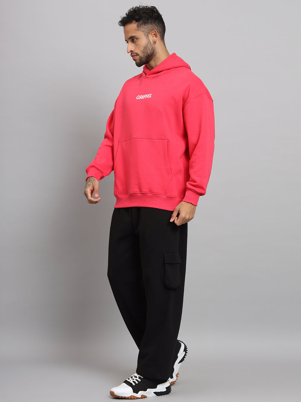 Griffel Men's Neon Pink Front Logo Oversized Fleece Hoodie Sweatshirt - griffel