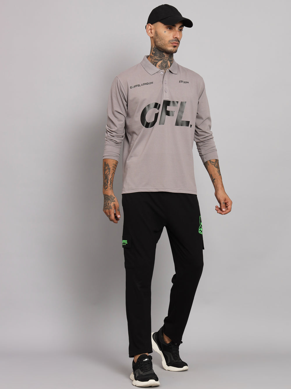 GRIFFEL Men's Steel Grey GFL Printed Cotton Full Sleeve Polo T-shirt - griffel