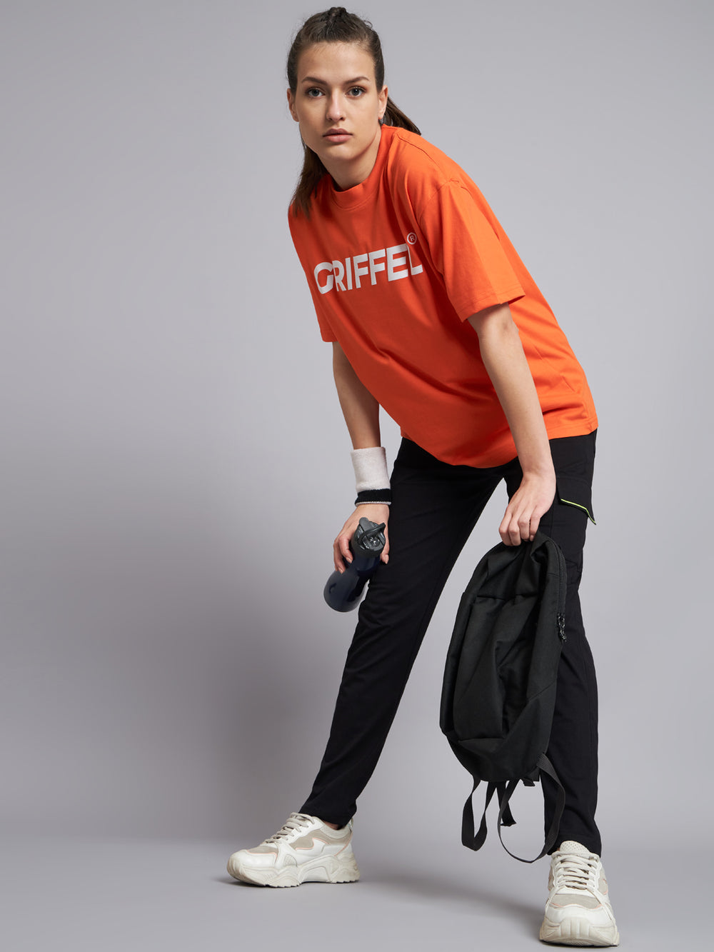GRIFFEL Women SIGNATURE LOGO oversized Drop Shoulder Neon Orange T-shirt - griffel