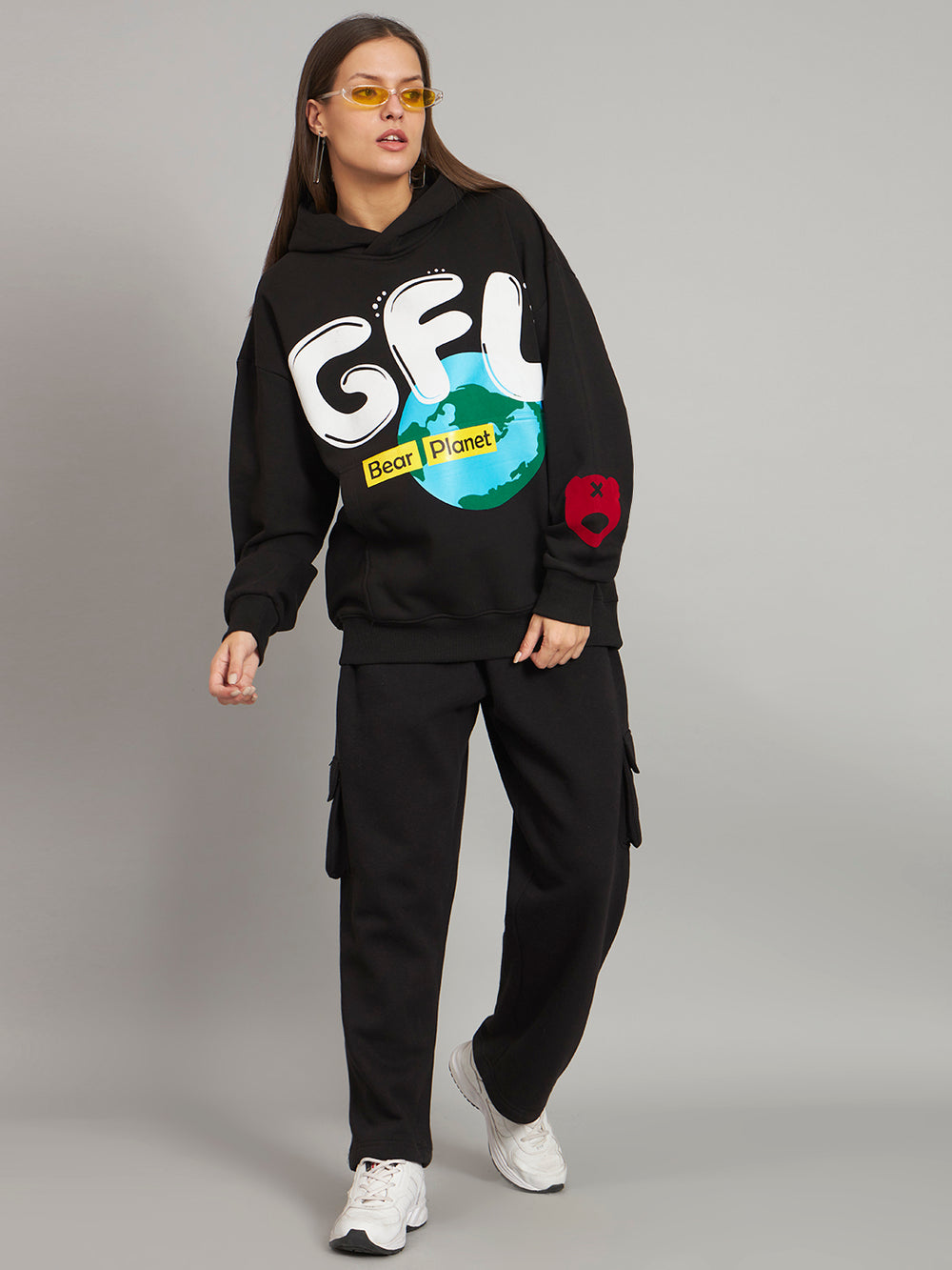 Griffel Women's Black GFL Bear Planet print Oversized Fleece Hoodie Sweatshirt - griffel